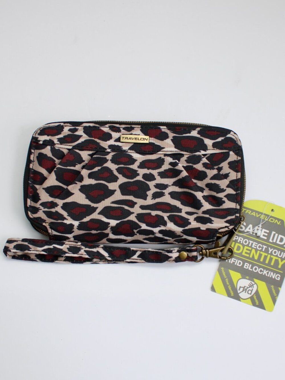 TRAVELON-Tan & Black Leopard Animal Print RFID Zip Top Wallet/Wristlet NWT